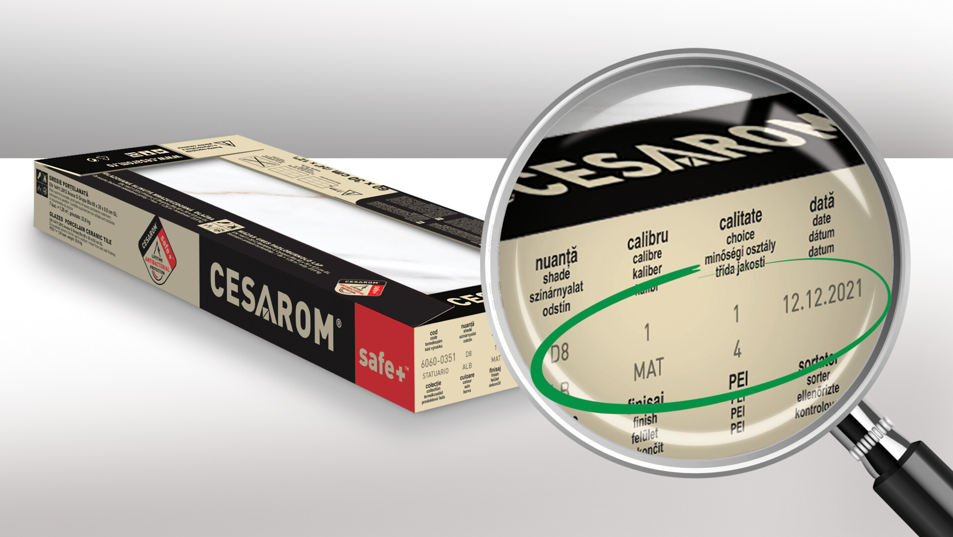 Imagine cutie gresie CESAROM, detliu specificații esențiale produse CESAROM.
Nuanță, calibru, dată de prducție